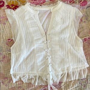 Free People White Ruffled Mandarin Collar Blouse